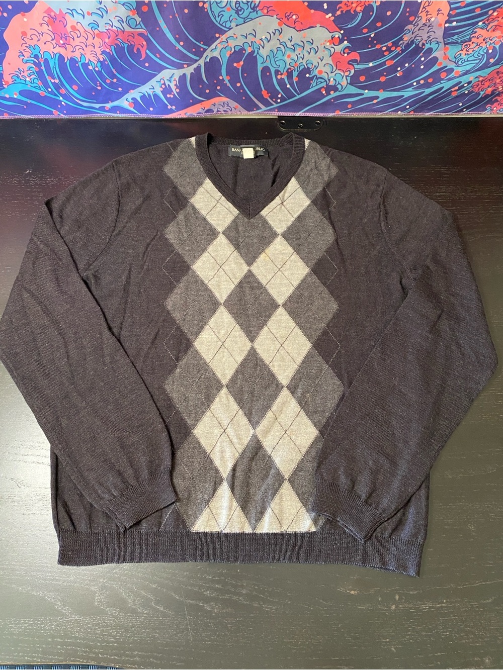 Banana Republic Men's V-Neck Argyle Sweater - Black & Gray